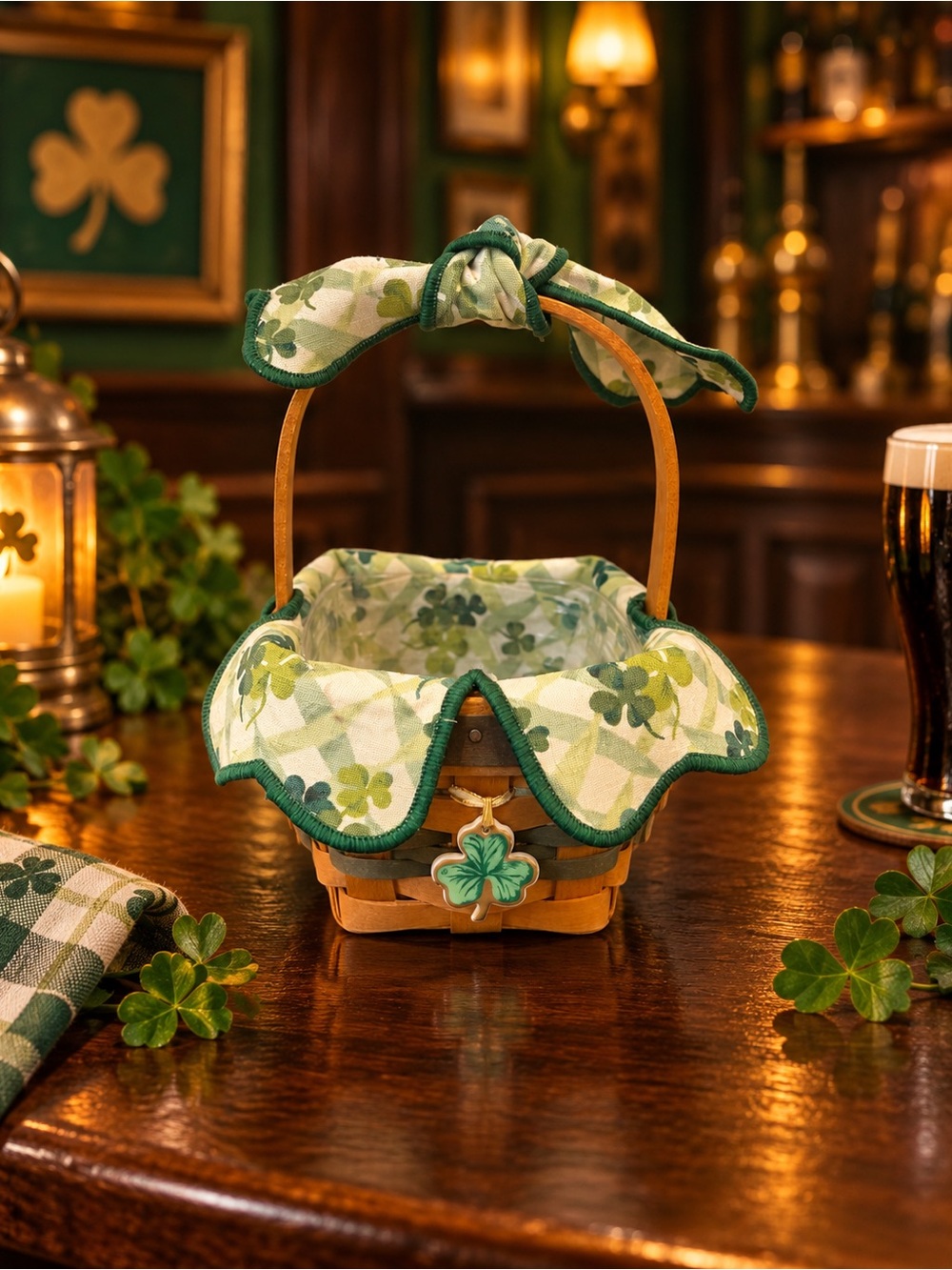 1999 Longaberger “Lots of Luck” Shamrock Basket Complete St Patrick’s Day Set